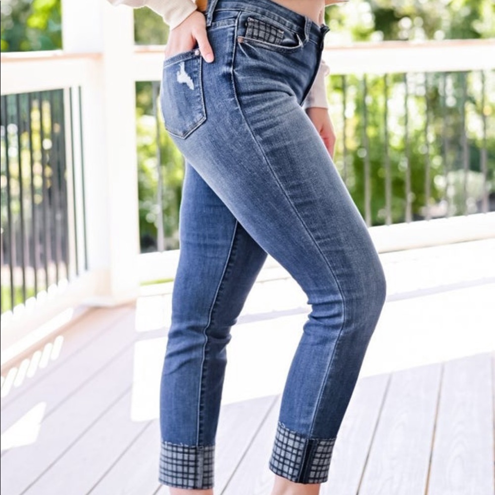 Judy Blue Plaid Cuff Slim Fit Jeans
